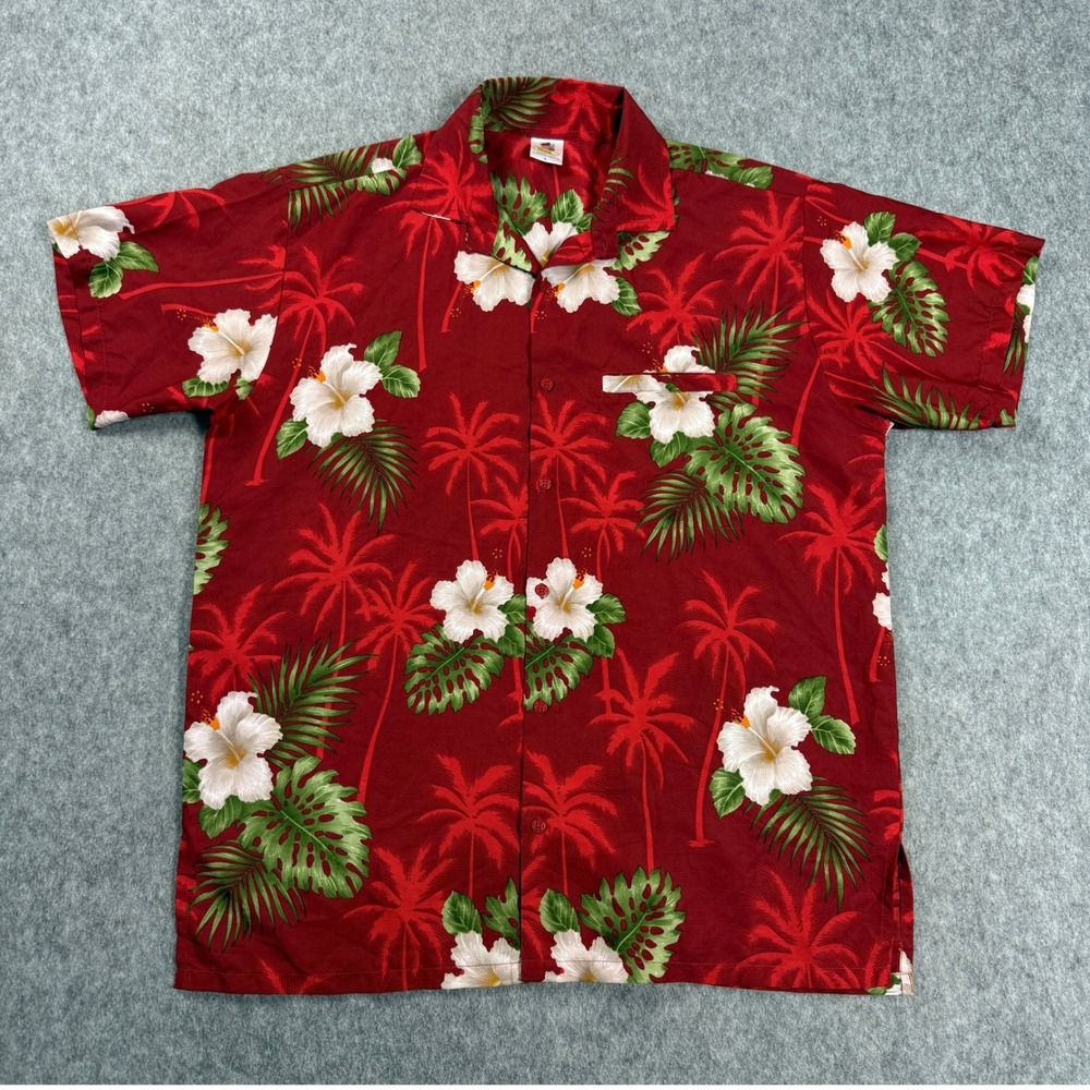 Rima Beachworld Hawaiian Shirt Mens Large Red Tropical Hibiscus Floral Aloha